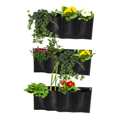 S4U 4 Pocket Hanging Horizontal Garden Wall Planter Planting Grow Bags For Outdoor Yard Garden Home Decoration, Flowers Planting Bags Storage Bags (Black)