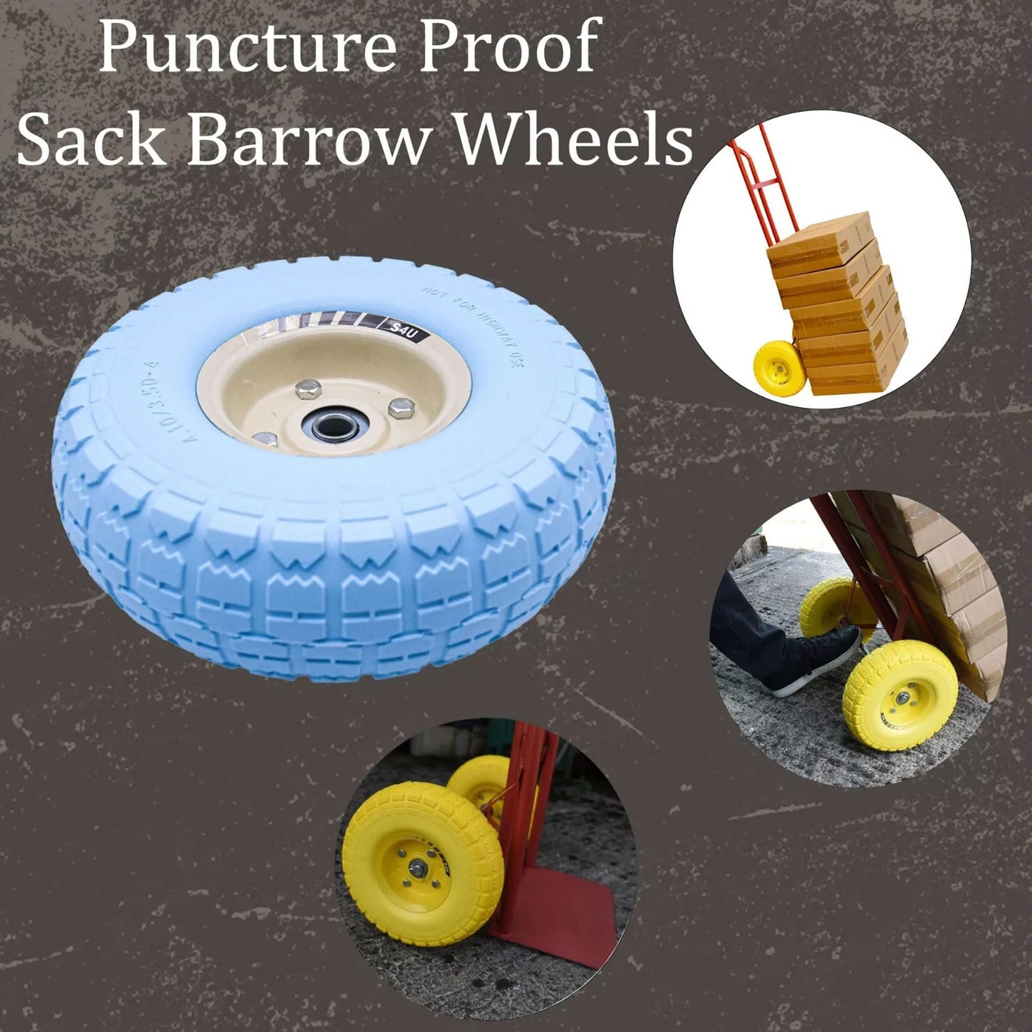 S4U 10” Sack Barrow Hand Truck Tyre Solid Rubber Wheel 3.5-4 PU Heavy Duty Puncture Proof Trolley Cart Wheelbarrow Replacement 16mm Bearing Nylon locking nuts