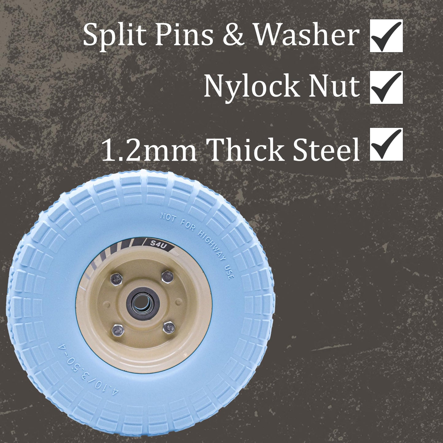 S4U 2x10” Sack Barrow Wheels Hand Truck Trolley Wheels Cart Solid Wheelbarrow Wheel 3.5-4 PU Heavy Duty Puncture Proof Trolley Wheels 16mm Bearing Wheel Nylon locking nuts