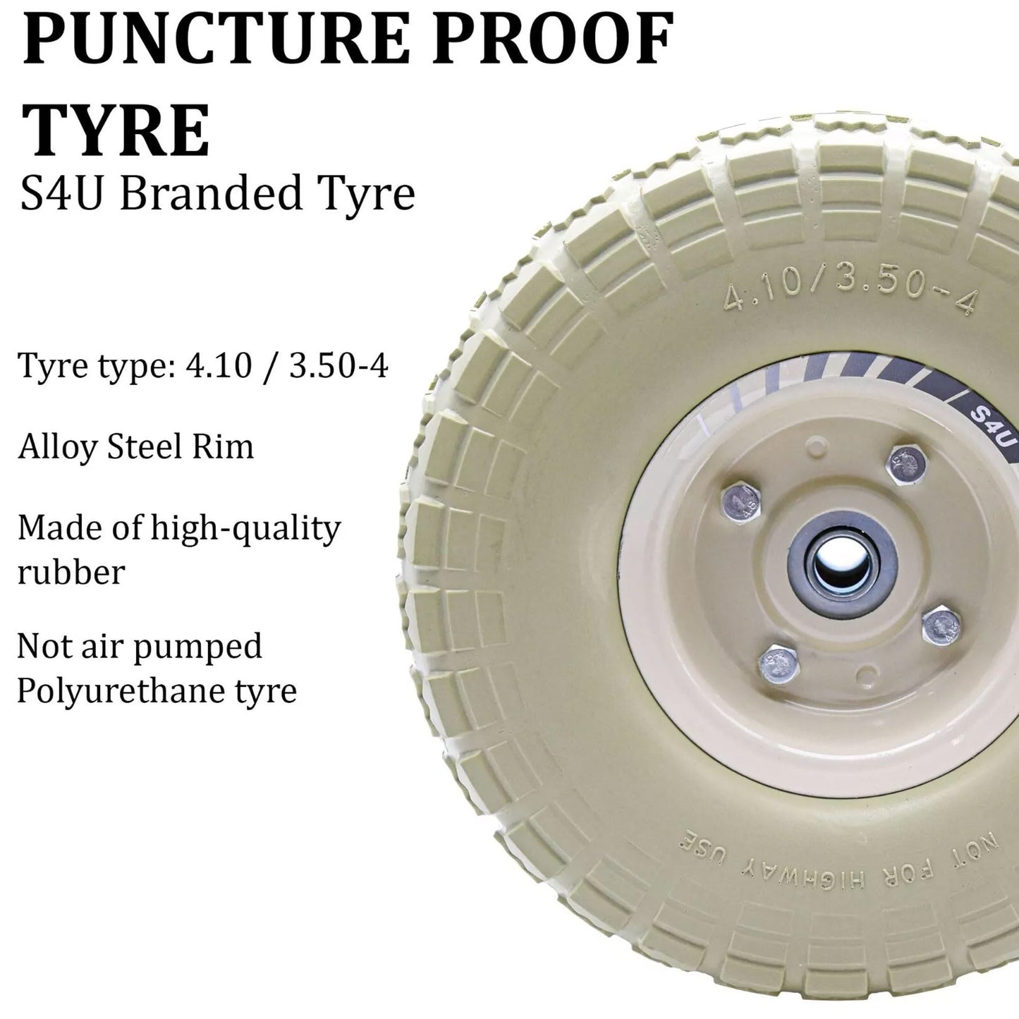 S4U 10” Sack Barrow Hand Truck Tyre Solid Rubber Wheel 3.5-4 PU Heavy Duty Puncture Proof Trolley Cart Wheelbarrow Replacement 16mm Bearing Nylon locking nuts