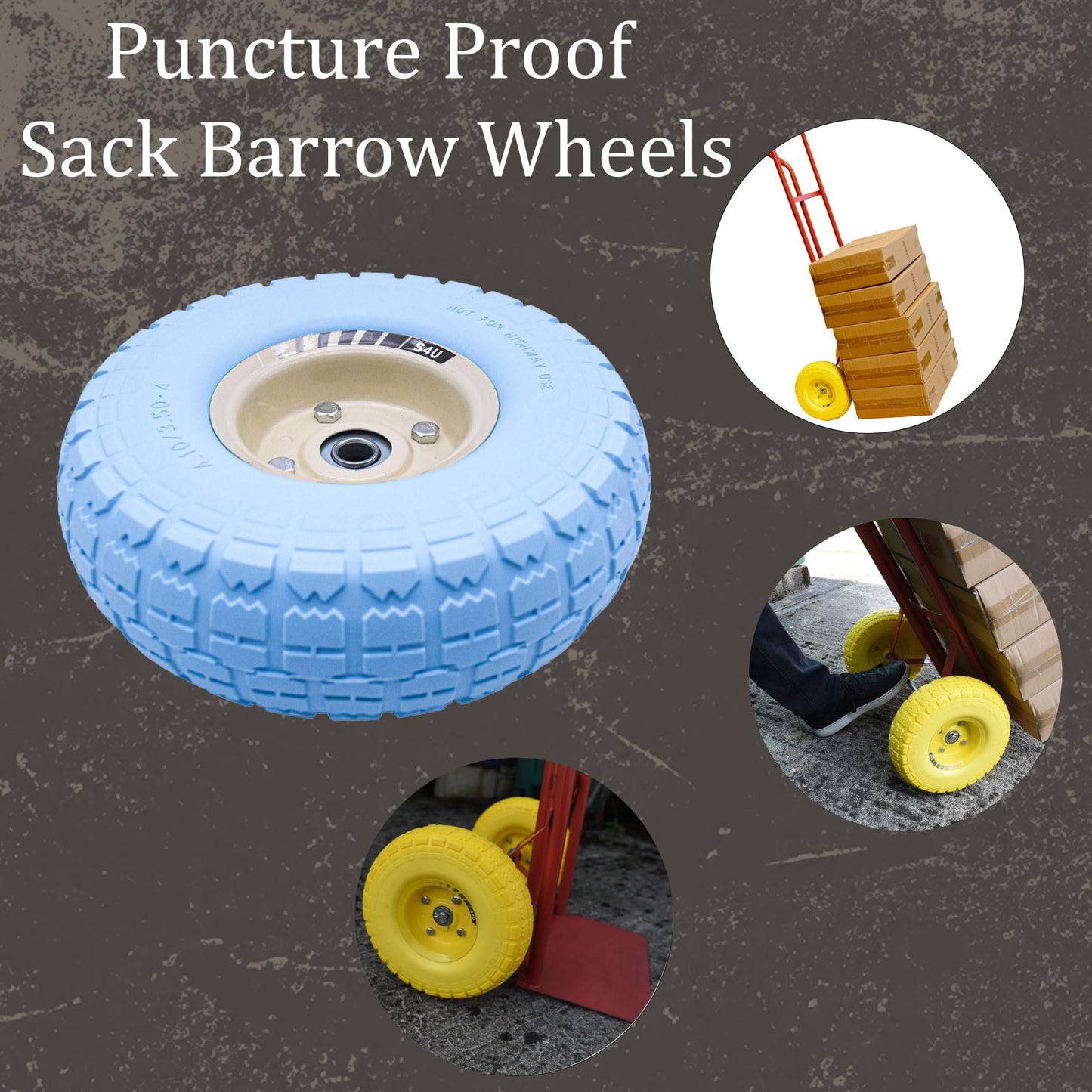 S4U 2x10” Sack Barrow Wheels Hand Truck Trolley Wheels Cart Solid Wheelbarrow Wheel 3.5-4 PU Heavy Duty Puncture Proof Trolley Wheels 16mm Bearing Wheel Nylon locking nuts
