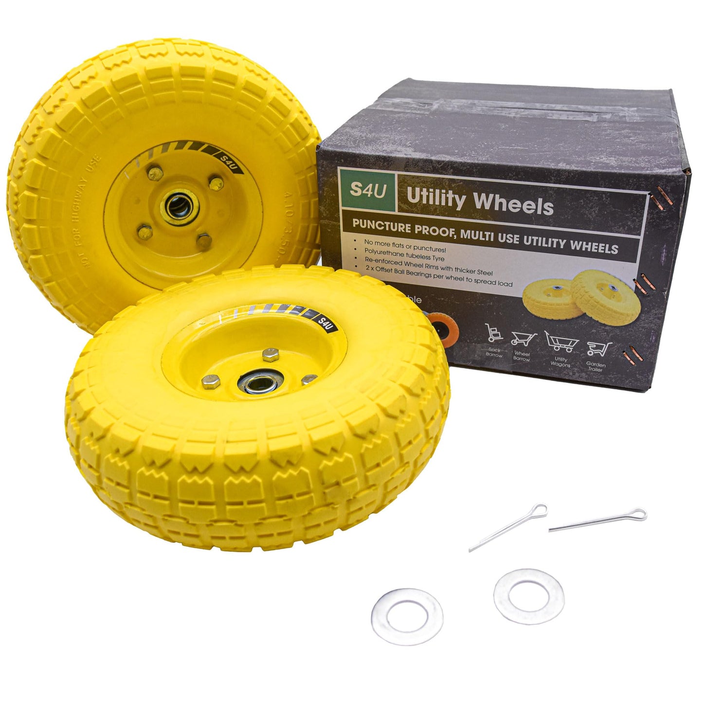 S4U 2x10” Sack Barrow Wheels Hand Truck Trolley Wheels Cart Solid Wheelbarrow Wheel 3.5-4 PU Heavy Duty Puncture Proof Trolley Wheels 16mm Bearing Wheel Nylon locking nuts