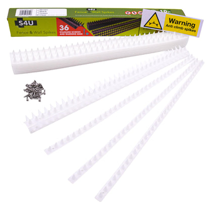 S4U Fence Wall Spikes Garden Security Guard Anti Climb Cat Bird Spikes Intruder Pest Deterrent 50 x 4.5 x 1.5cm Warning Sign & Screws Included