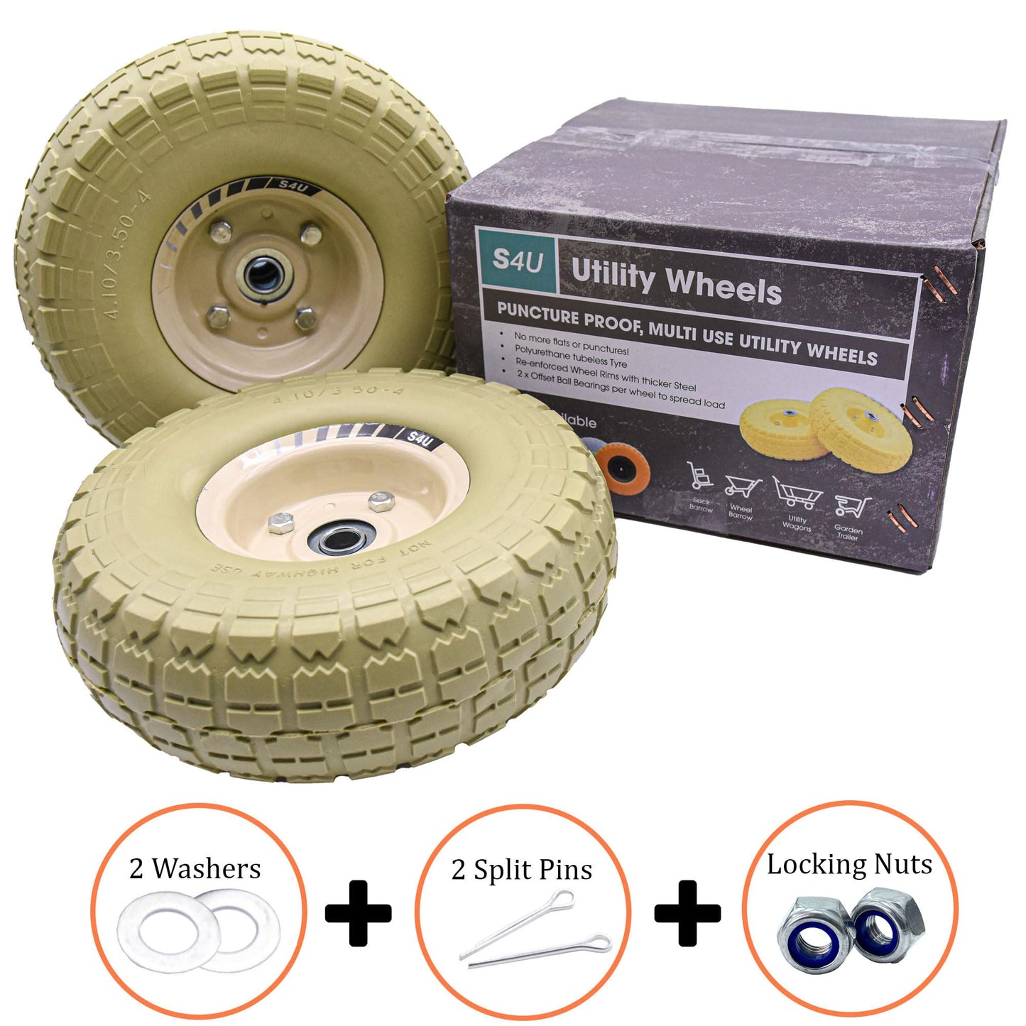 S4U 2x10” Sack Barrow Wheels Hand Truck Trolley Wheels Cart Solid Wheelbarrow Wheel 3.5-4 PU Heavy Duty Puncture Proof Trolley Wheels 16mm Bearing Wheel Nylon locking nuts