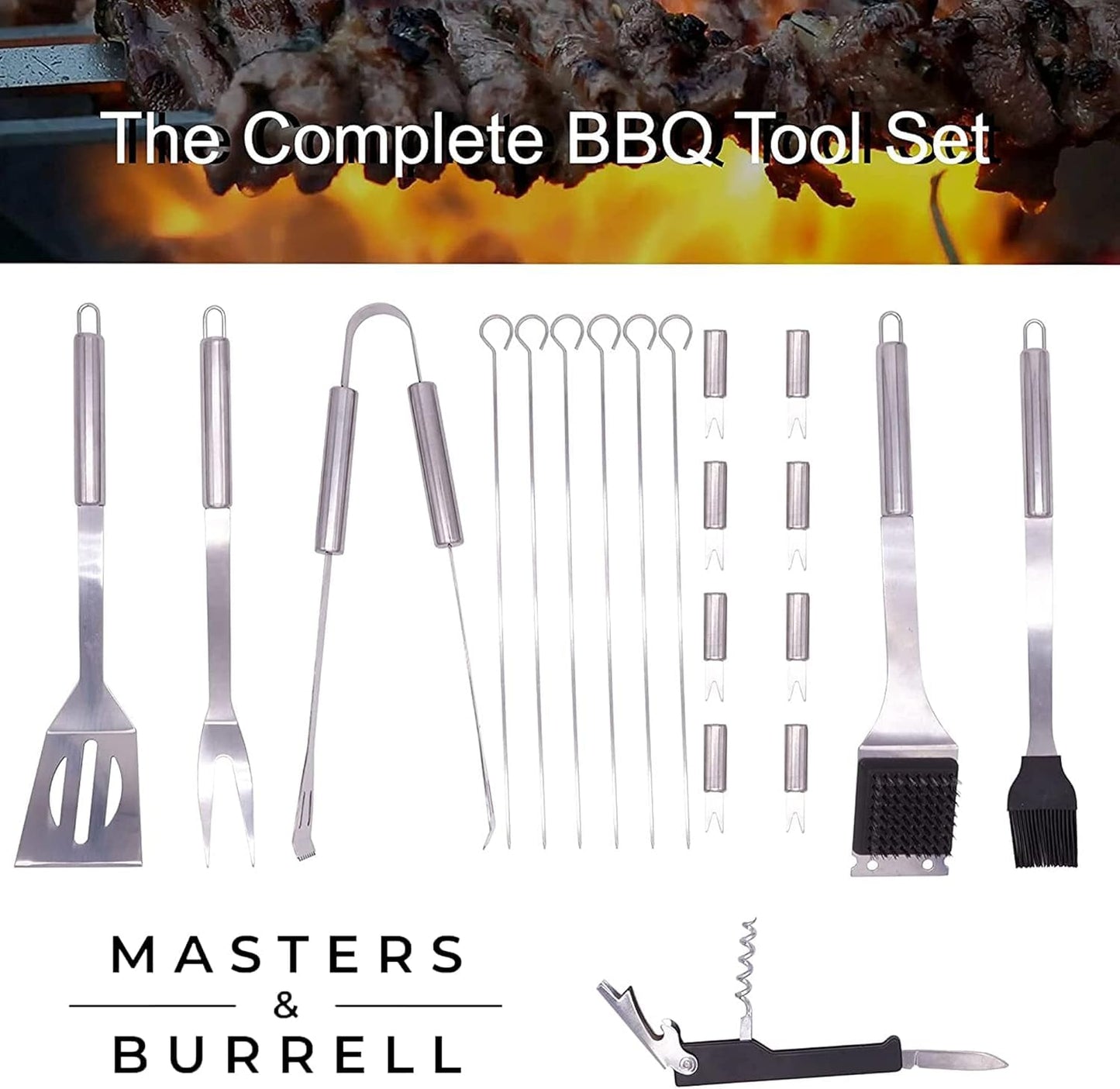 Masters & Burrell BBQ Tool Set and Storage Case 20 Piece Barbeque Accessories Kit Includes Spatula, Fork, Tongs, Basting Brush Heavy Duty Stainless Steel Utensils for Outdoor Cooking