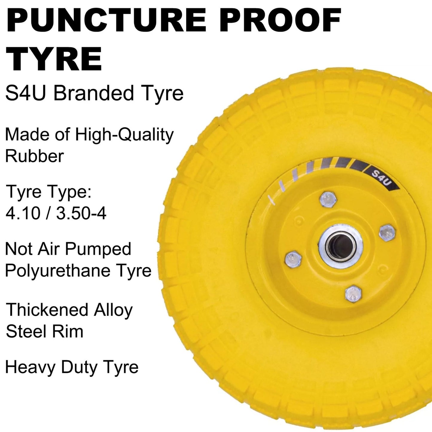 S4U 10” Sack Barrow Hand Truck Tyre Solid Rubber Wheel 3.5-4 PU Heavy Duty Puncture Proof Trolley Cart Wheelbarrow Replacement 16mm Bearing Nylon locking nuts
