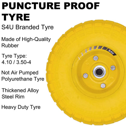 S4U 10” Sack Barrow Hand Truck Tyre Solid Rubber Wheel 3.5-4 PU Heavy Duty Puncture Proof Trolley Cart Wheelbarrow Replacement 16mm Bearing Nylon locking nuts
