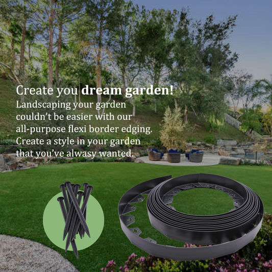 Flexible Garden Edging Border with Heavy-Duty Ground Stakes 32ft | 10M Black 4CM High Flexible Flower Bed Edge and Plastic Pegs, Professional Landscape Divider Weather Resistant