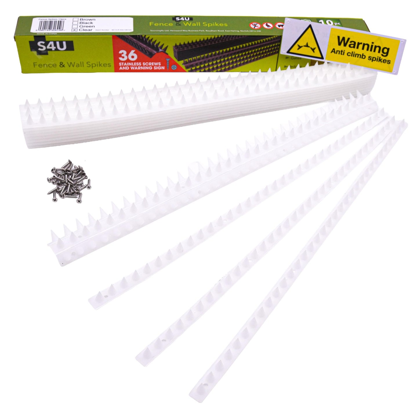 S4U Fence Wall Spikes Garden Security Guard Anti Climb Cat Bird Spikes Intruder Pest Deterrent 50 x 4.5 x 1.5cm Warning Sign & Screws Included