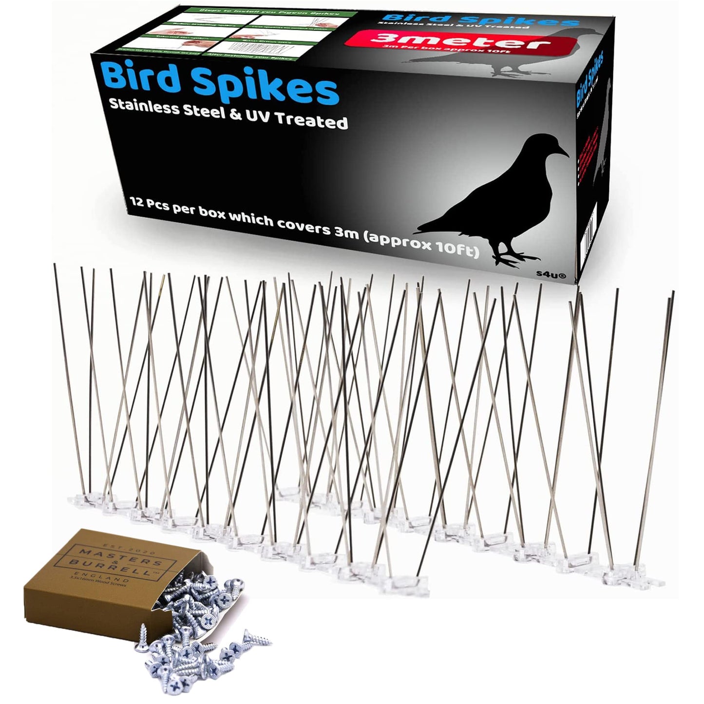 S4U Bird Spikes with Plastic Base and Stainless Steel Pigeon Spikes for Roofs and Windows Bird Deterrent Spikes Set for Anti Crows, Seagulls and Small Birds