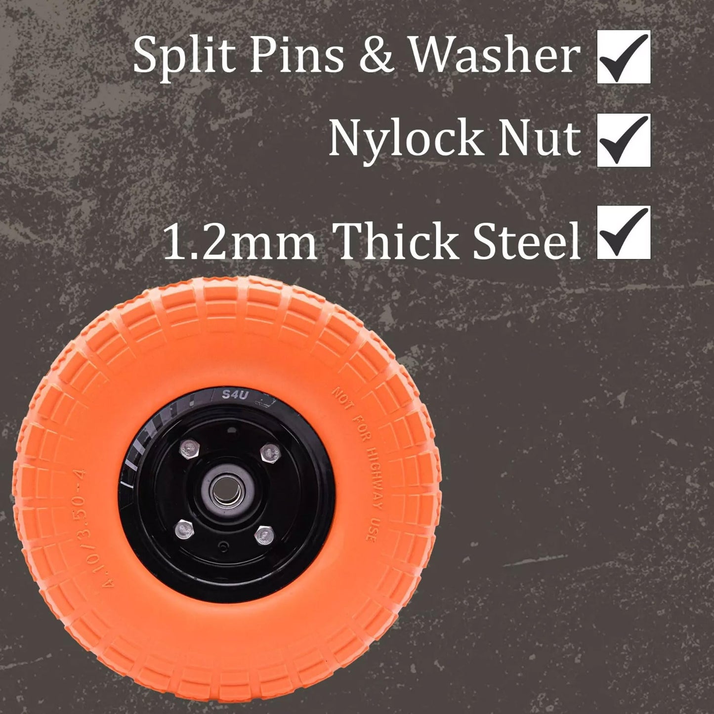 S4U 10” Sack Barrow Hand Truck Tyre Solid Rubber Wheel 3.5-4 PU Heavy Duty Puncture Proof Trolley Cart Wheelbarrow Replacement 16mm Bearing Nylon locking nuts