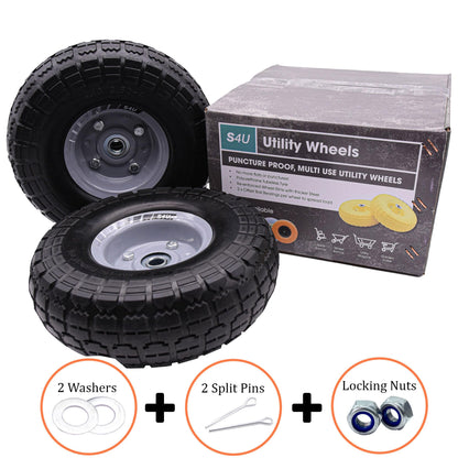 S4U 2x10” Sack Barrow Wheels Hand Truck Trolley Wheels Cart Solid Wheelbarrow Wheel 3.5-4 PU Heavy Duty Puncture Proof Trolley Wheels 16mm Bearing Wheel Nylon locking nuts