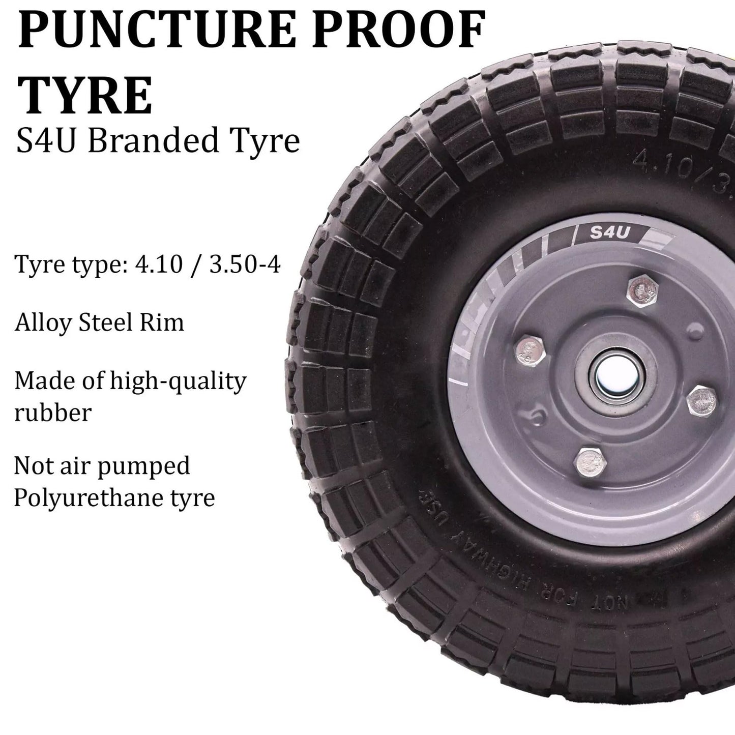 S4U 10” Sack Barrow Hand Truck Tyre Solid Rubber Wheel 3.5-4 PU Heavy Duty Puncture Proof Trolley Cart Wheelbarrow Replacement 16mm Bearing Nylon locking nuts