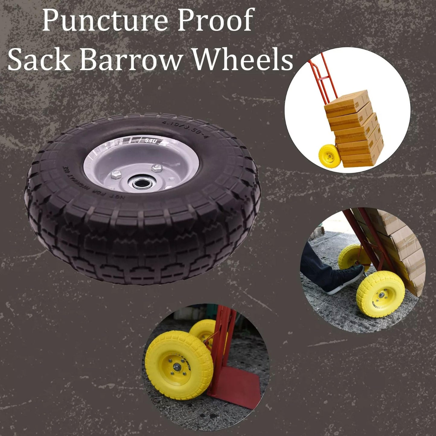 S4U 10” Sack Barrow Hand Truck Tyre Solid Rubber Wheel 3.5-4 PU Heavy Duty Puncture Proof Trolley Cart Wheelbarrow Replacement 16mm Bearing Nylon locking nuts