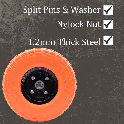 S4U 2x10” Sack Barrow Wheels Hand Truck Trolley Wheels Cart Solid Wheelbarrow Wheel 3.5-4 PU Heavy Duty Puncture Proof Trolley Wheels 16mm Bearing Wheel Nylon locking nuts