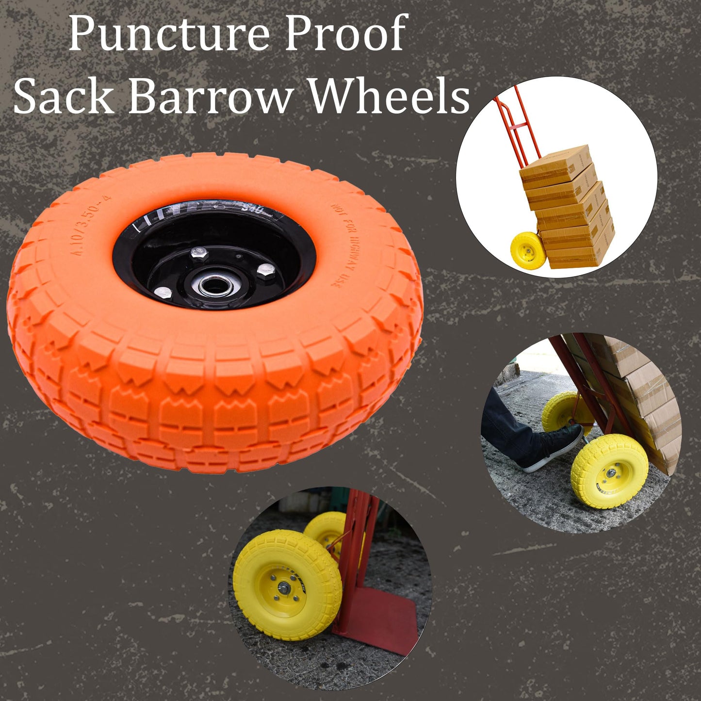 S4U 2x10” Sack Barrow Wheels Hand Truck Trolley Wheels Cart Solid Wheelbarrow Wheel 3.5-4 PU Heavy Duty Puncture Proof Trolley Wheels 16mm Bearing Wheel Nylon locking nuts