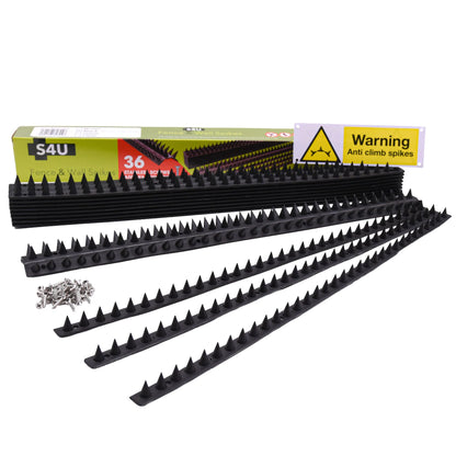 S4U Fence Wall Spikes Garden Security Guard Anti Climb Cat Bird Spikes Intruder Pest Deterrent 50 x 4.5 x 1.5cm Warning Sign & Screws Included