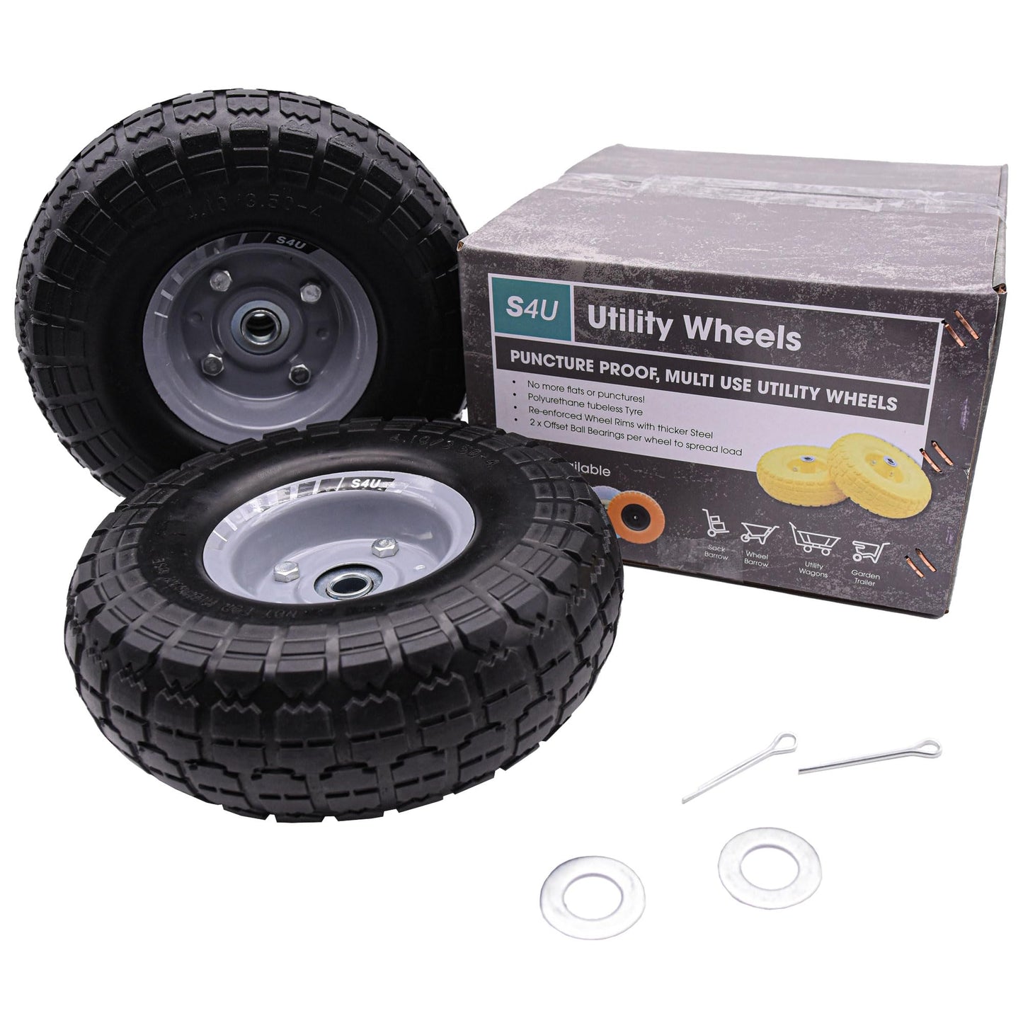 S4U 2x10” Sack Barrow Wheels Hand Truck Trolley Wheels Cart Solid Wheelbarrow Wheel 3.5-4 PU Heavy Duty Puncture Proof Trolley Wheels 16mm Bearing Wheel Nylon locking nuts