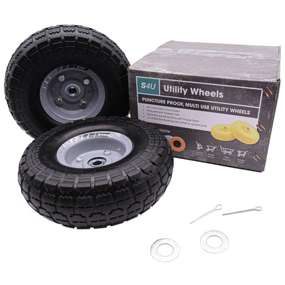 S4U 2x10” Sack Barrow Wheels Hand Truck Trolley Wheels Cart Solid Wheelbarrow Wheel 3.5-4 PU Heavy Duty Puncture Proof Trolley Wheels 16mm Bearing Wheel Nylon locking nuts