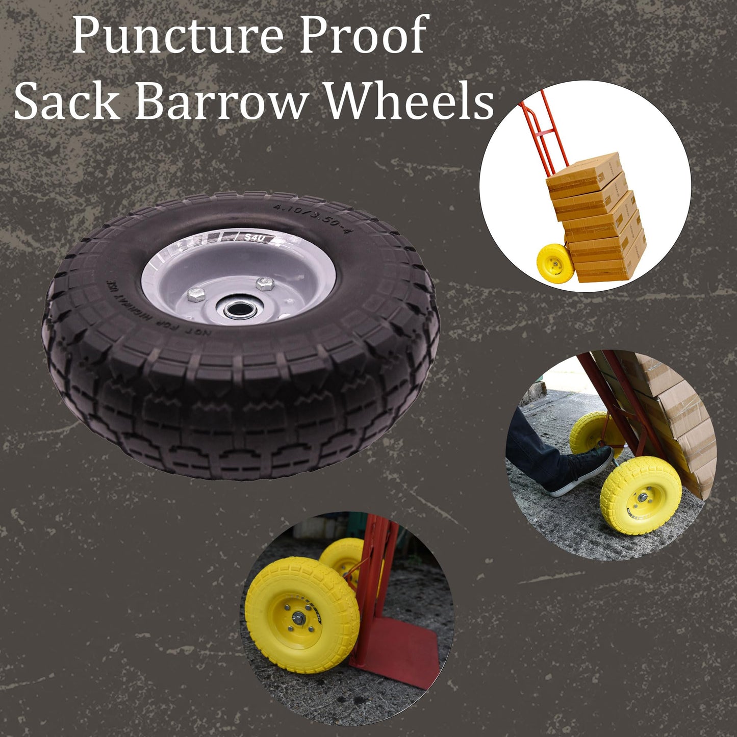 S4U 2x10” Sack Barrow Wheels Hand Truck Trolley Wheels Cart Solid Wheelbarrow Wheel 3.5-4 PU Heavy Duty Puncture Proof Trolley Wheels 16mm Bearing Wheel Nylon locking nuts
