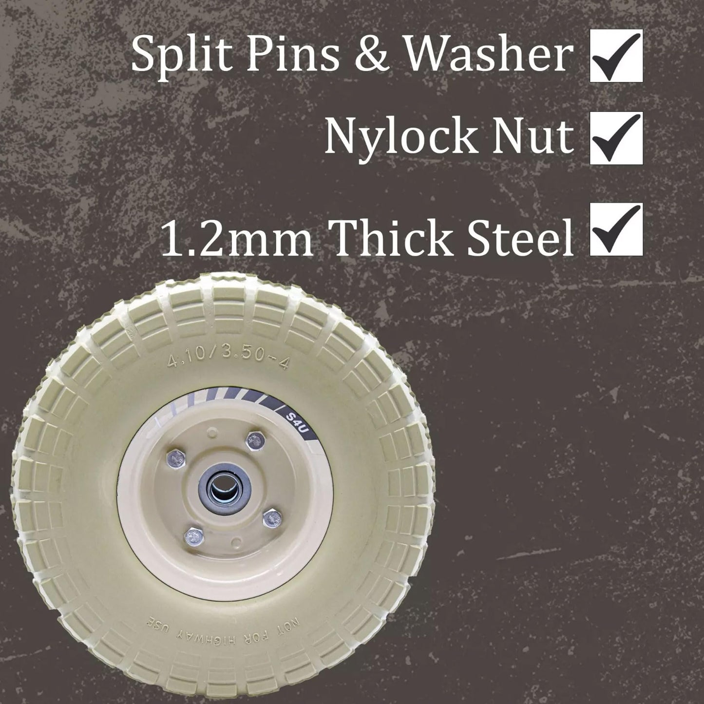 S4U 10” Sack Barrow Hand Truck Tyre Solid Rubber Wheel 3.5-4 PU Heavy Duty Puncture Proof Trolley Cart Wheelbarrow Replacement 16mm Bearing Nylon locking nuts