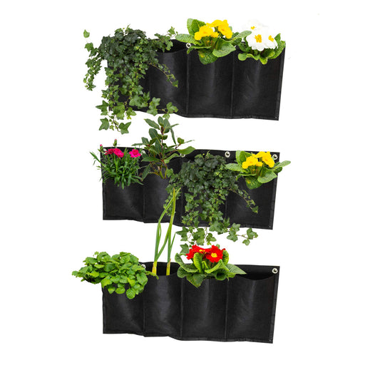 S4U 4 Pocket Hanging Horizontal Garden Wall Planter Planting Grow Bags For Outdoor Yard Garden Home Decoration, Flowers Planting Bags Storage Bags (Black)