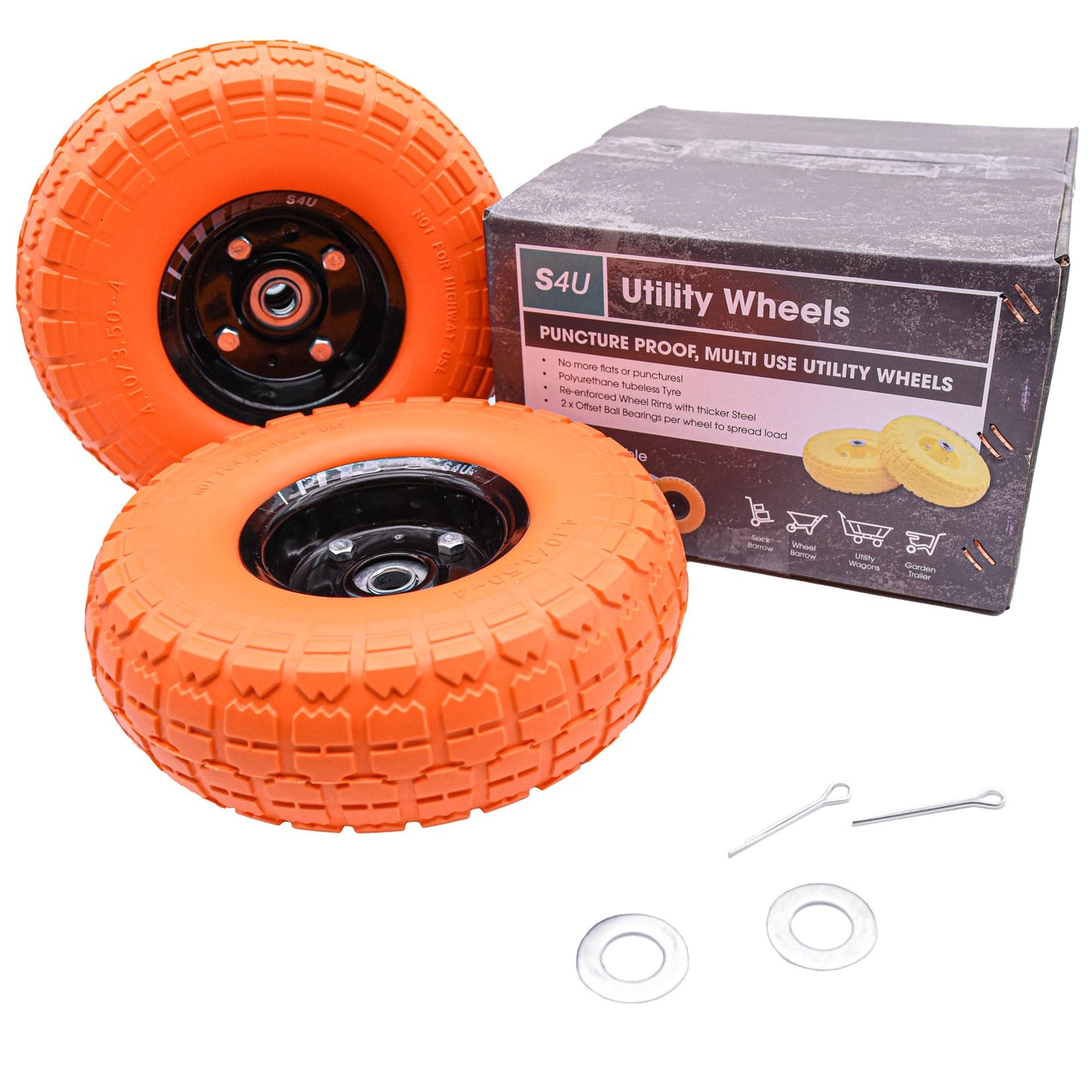 S4U 2x10” Sack Barrow Wheels Hand Truck Trolley Wheels Cart Solid Wheelbarrow Wheel 3.5-4 PU Heavy Duty Puncture Proof Trolley Wheels 16mm Bearing Wheel Nylon locking nuts