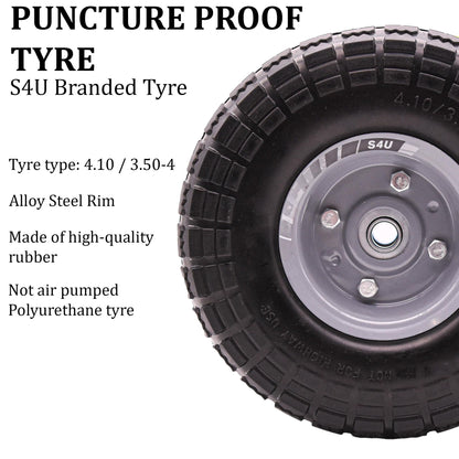 S4U 2x10” Sack Barrow Wheels Hand Truck Trolley Wheels Cart Solid Wheelbarrow Wheel 3.5-4 PU Heavy Duty Puncture Proof Trolley Wheels 16mm Bearing Wheel Nylon locking nuts