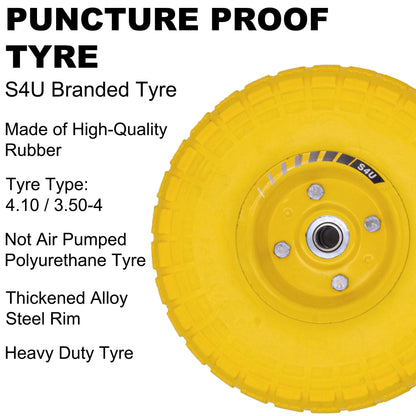 S4U 2x10” Sack Barrow Wheels Hand Truck Trolley Wheels Cart Solid Wheelbarrow Wheel 3.5-4 PU Heavy Duty Puncture Proof Trolley Wheels 16mm Bearing Wheel Nylon locking nuts