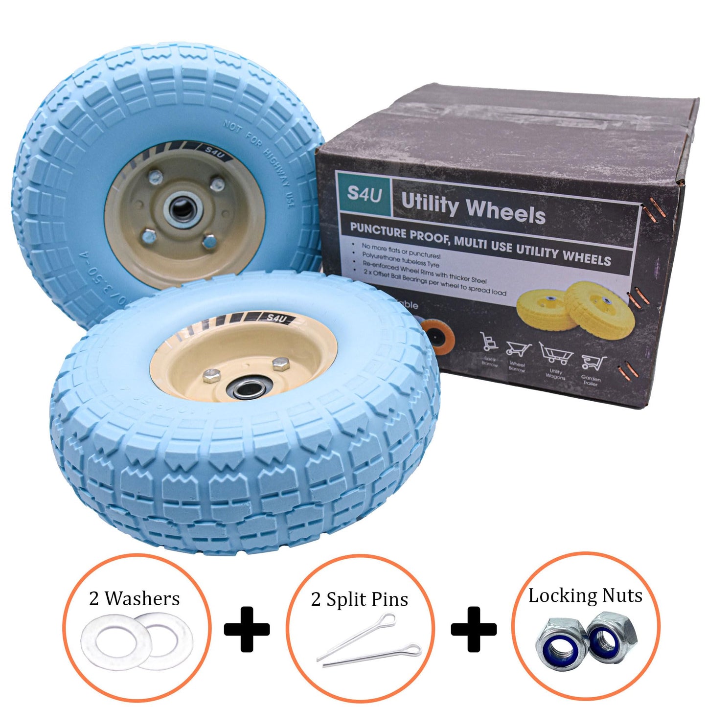 S4U 2x10” Sack Barrow Wheels Hand Truck Trolley Wheels Cart Solid Wheelbarrow Wheel 3.5-4 PU Heavy Duty Puncture Proof Trolley Wheels 16mm Bearing Wheel Nylon locking nuts