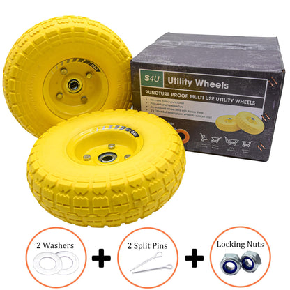 S4U 2x10” Sack Barrow Wheels Hand Truck Trolley Wheels Cart Solid Wheelbarrow Wheel 3.5-4 PU Heavy Duty Puncture Proof Trolley Wheels 16mm Bearing Wheel Nylon locking nuts