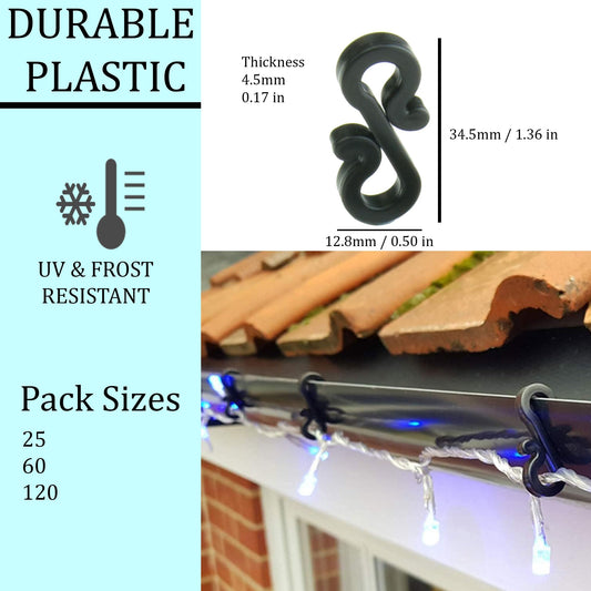S4U Gutter Hooks for Outdoor Lights 60pcs Plastic S Gutter Clips for Hanging Outside Christmas Lights, String Lights, Icicle Fairy Lights - Black
