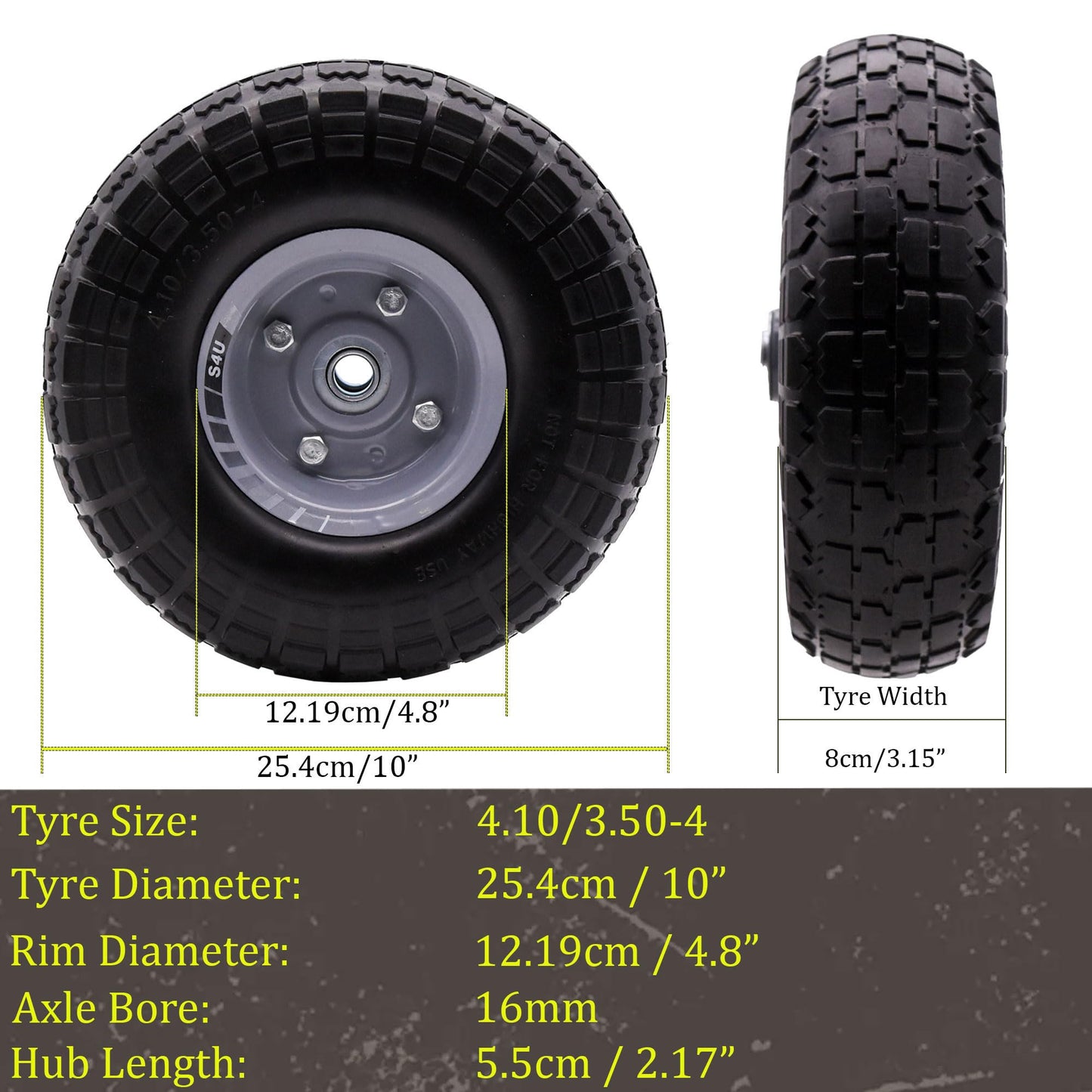 S4U 10” Sack Barrow Hand Truck Tyre Solid Rubber Wheel 3.5-4 PU Heavy Duty Puncture Proof Trolley Cart Wheelbarrow Replacement 16mm Bearing Nylon locking nuts