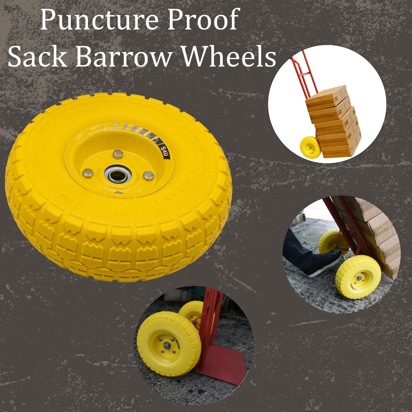 S4U 2x10” Sack Barrow Wheels Hand Truck Trolley Wheels Cart Solid Wheelbarrow Wheel 3.5-4 PU Heavy Duty Puncture Proof Trolley Wheels 16mm Bearing Wheel Nylon locking nuts