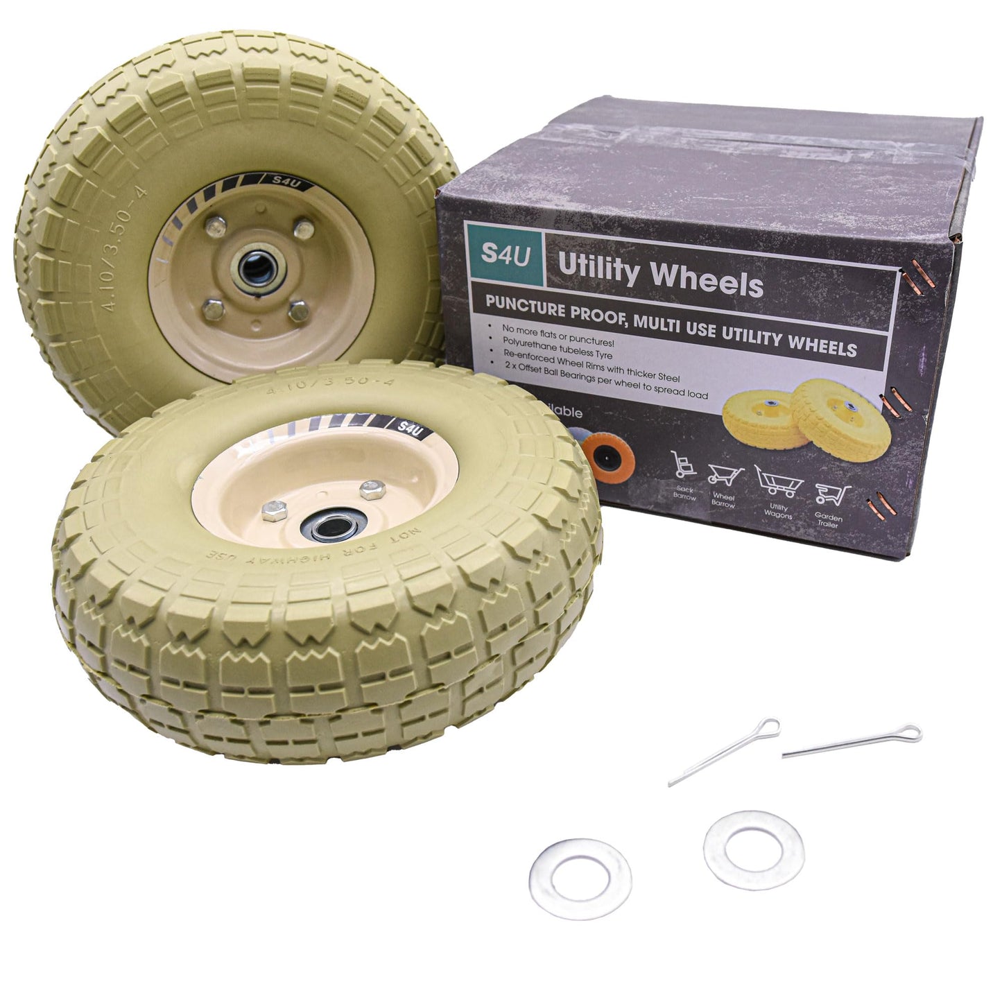 S4U 2x10” Sack Barrow Wheels Hand Truck Trolley Wheels Cart Solid Wheelbarrow Wheel 3.5-4 PU Heavy Duty Puncture Proof Trolley Wheels 16mm Bearing Wheel Nylon locking nuts