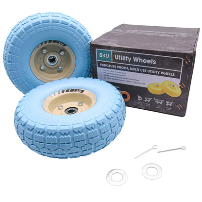 S4U 2x10” Sack Barrow Wheels Hand Truck Trolley Wheels Cart Solid Wheelbarrow Wheel 3.5-4 PU Heavy Duty Puncture Proof Trolley Wheels 16mm Bearing Wheel Nylon locking nuts