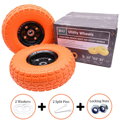 S4U 2x10” Sack Barrow Wheels Hand Truck Trolley Wheels Cart Solid Wheelbarrow Wheel 3.5-4 PU Heavy Duty Puncture Proof Trolley Wheels 16mm Bearing Wheel Nylon locking nuts