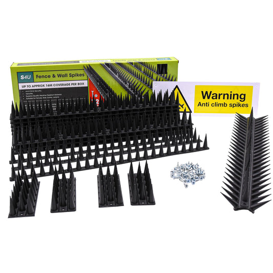 Fence Wall Spikes Garden Tall Bird Spikes Cat Pigeon Deterrent Coverage of Approx.16M Per Box Anti Climb 44 x 4.3 x 3.8cm Warning Sign Included & Screws